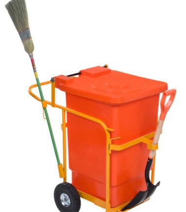 Contenedor de Basura Barrendero BAR200 con estructura con estructura tubular con 2 ruedas, bote de basura de 200 litros, escoba y pala