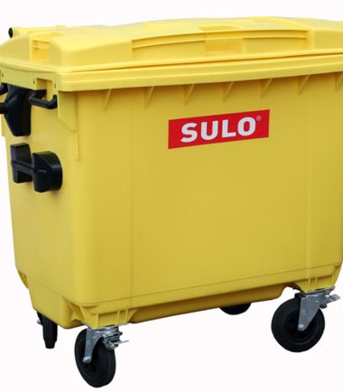 contenedor de basura con 4 ruedas y tapa marca SULO color Amarillo