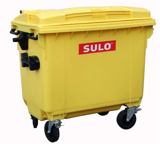 contenedor de basura con 4 ruedas y tapa marca SULO color Amarillo