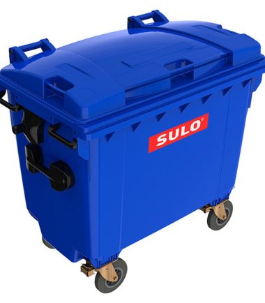 contenedor de basura con 4 ruedas y tapa marca SULO color azul