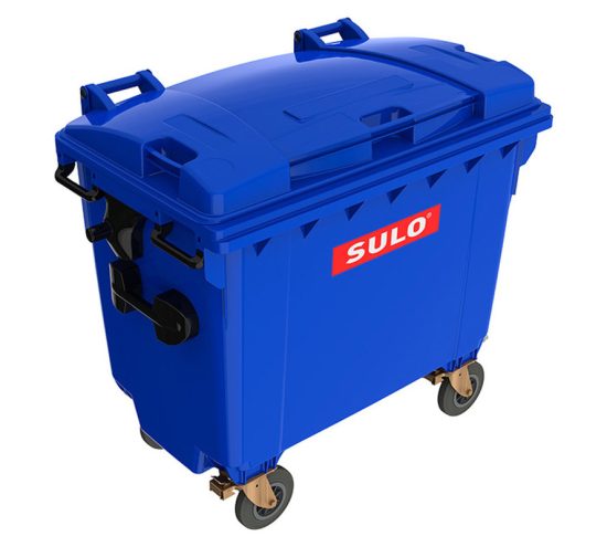 contenedor de basura con 4 ruedas y tapa marca SULO color azul