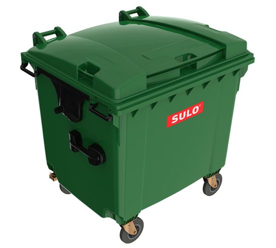 Contenedor de basura con 4 ruedas y tapa marca SULO color verde